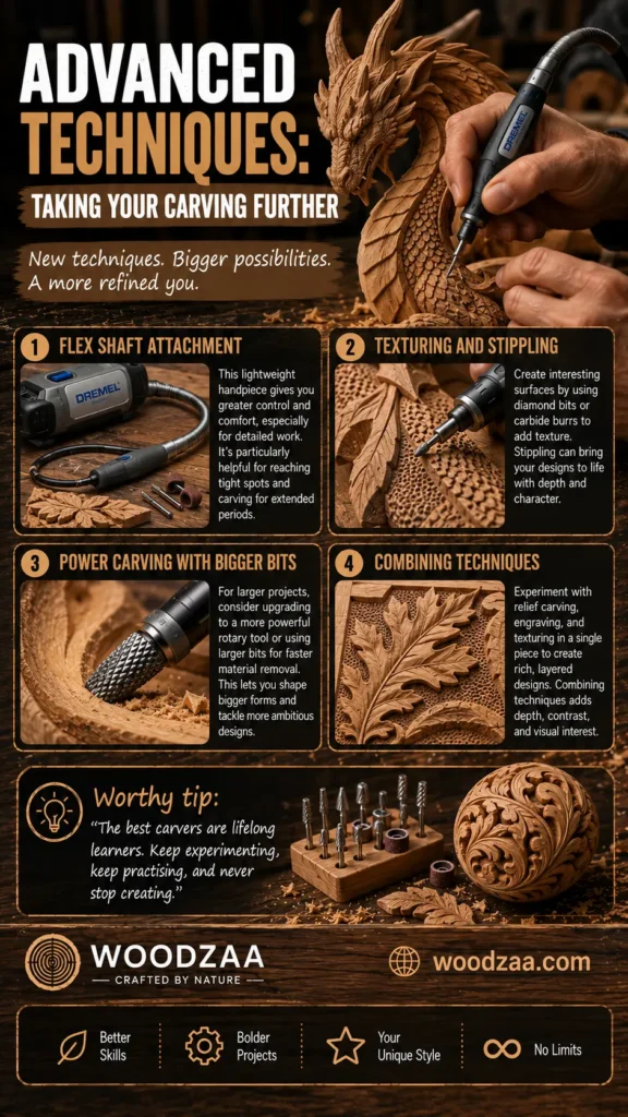 Infographic titled "Advanced Techniques: Taking Your Carving Further" by Woodzaa. It details 4 advanced methods: Flex Shaft Attachment, Texturing and Stippling, Power Carving with Bigger Bits, and Combining Techniques. Photos show a detailed dragon carving, a textured leaf pattern, a rotary bit carving wood, and a carved relief panel. A bottom section includes a bit stand, a carved wooden sphere, a tip on lifelong learning, and the Woodzaa logo with woodzaa.com.
