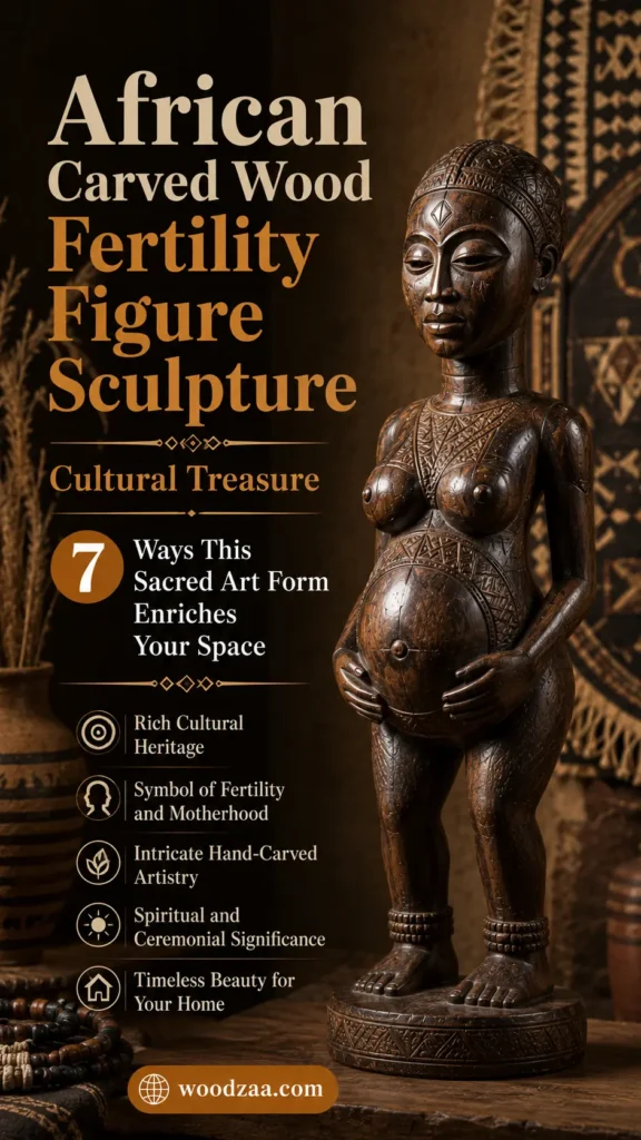 A hand-carved African wood fertility figure sculpture of a pregnant woman standing on a round base, featuring intricate geometric carvings across her body and head. Beside the sculpture, stylish text reads "African Carved Wood Fertility Figure Sculpture - Cultural Treasure," along with "7 Ways This Sacred Art Form Enriches Your Space" and a website tag for woodzaa.com. (360 characters)