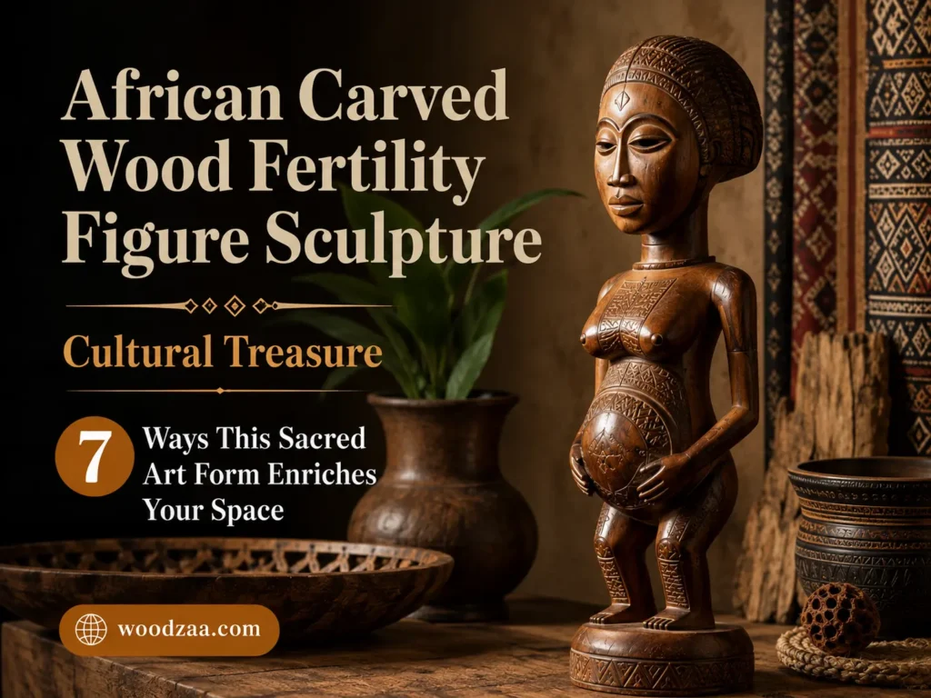 An ornate, hand-carved African wooden fertility sculpture depicting a pregnant woman resting her hands on her round belly. To the left, cream and gold text reads "African Carved Wood Fertility Figure Sculpture - Cultural Treasure," followed by "7 Ways This Sacred Art Form Enriches Your Space" and woodzaa.com. Warm-toned pottery, plants, and traditional textiles frame the background. (392 characters)