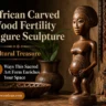 An ornate, hand-carved African wooden fertility sculpture depicting a pregnant woman resting her hands on her round belly. To the left, cream and gold text reads "African Carved Wood Fertility Figure Sculpture - Cultural Treasure," followed by "7 Ways This Sacred Art Form Enriches Your Space" and woodzaa.com. Warm-toned pottery, plants, and traditional textiles frame the background. (392 characters)