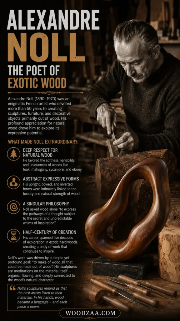 Pinterest infograph titled "Alexandre Noll: The Poet of Exotic Wood." The top-left header sits above a short biography of the French artist (1890–1970) and four key highlights featuring custom icons. On the right, a craftsman intently carves wood, positioned behind a polished organic wood sculpture displayed on a workbench alongside chisels and mallets. Quote box at the bottom leads to a "WOODZAA.COM" banner.
