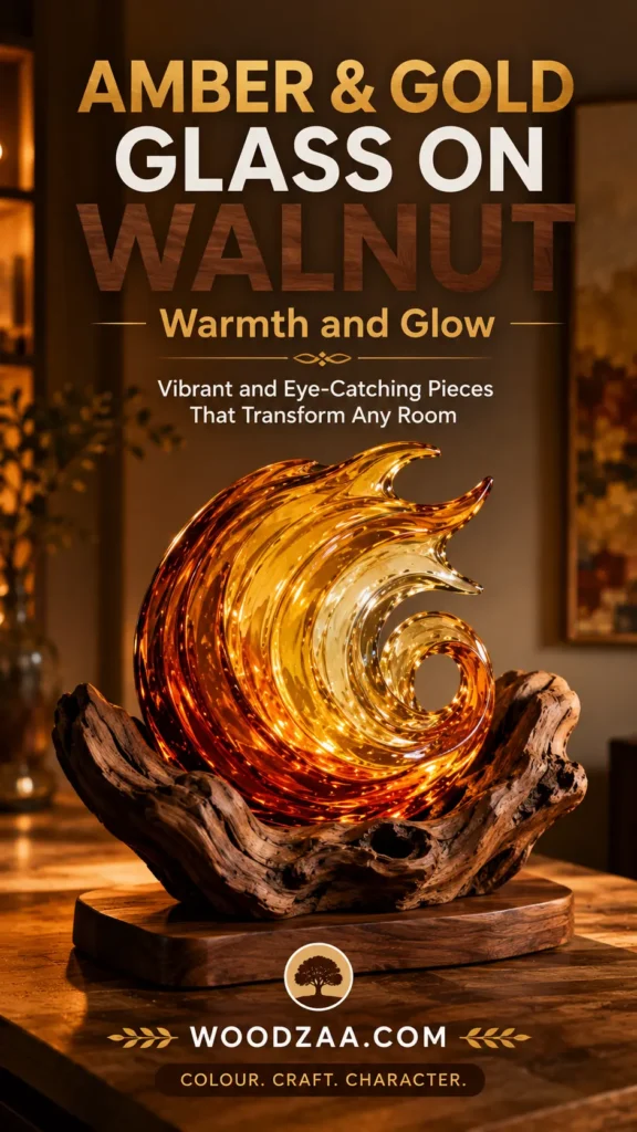 Vertical Pinterest image featuring text reading "AMBER & GOLD GLASS ON WALNUT" with "Warmth and Glow" and "Vibrant and Eye-Catching Pieces That Transform Any Room." The center features an illuminated amber and gold blown-glass wave sculpture cradled inside a piece of natural driftwood, set on a polished dark walnut wooden base. Golden light glows from within the swirling glass details. A tree logo at the bottom reads "WOODZAA.COM" above the slogan "COLOUR. CRAFT. CHARACTER."