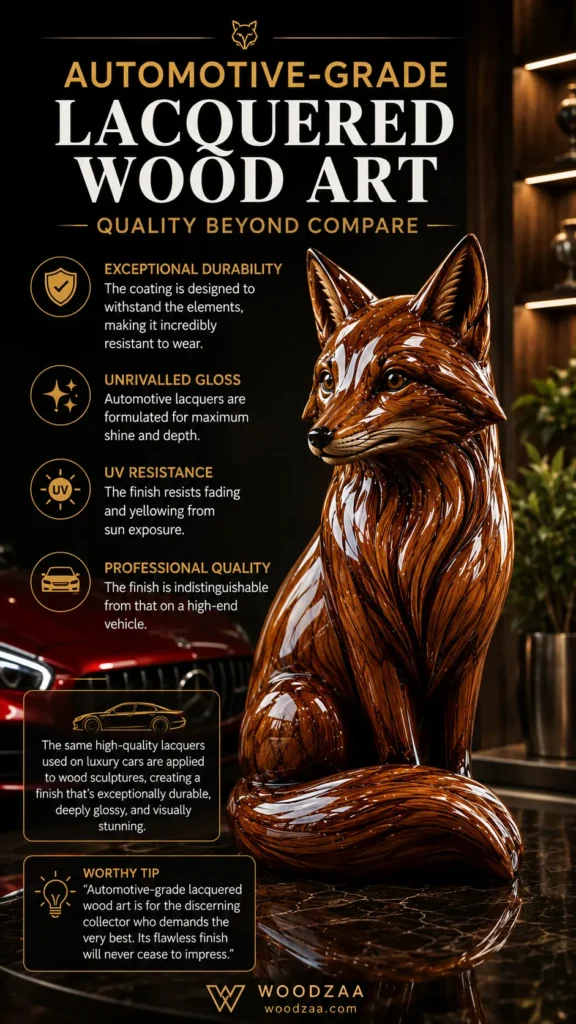Vertical promotional pin featuring a high-gloss, carved wooden fox statue on a dark polished surface, with a luxury red car blurred in the background. Bold title reads "AUTOMOTIVE-GRADE LACQUERED WOOD ART — QUALITY BEYOND COMPARE." Features on the left highlight exceptional durability, unrivalled gloss, UV resistance, and professional vehicle-quality finish. A luxury car callout box, "Worthy Tip," and the Woodzaa logo are displayed at the bottom.