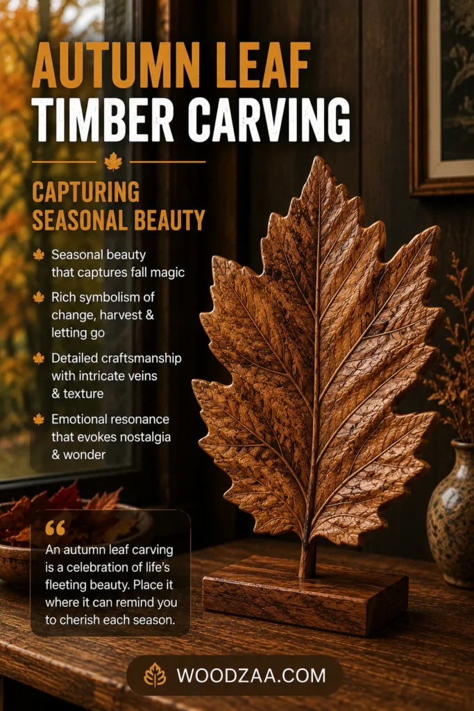 Pinterest graphic titled "AUTUMN LEAF TIMBER CARVING - CAPTURING SEASONAL BEAUTY." The image features a detailed wooden leaf sculpture on a block base next to a window with fall foliage. Left-side text highlights features like detailed craftsmanship and emotional resonance, plus a quote starting with "An autumn leaf carving is a celebration of life's fleeting beauty." The logo WOODZAA.COM appears at the bottom.