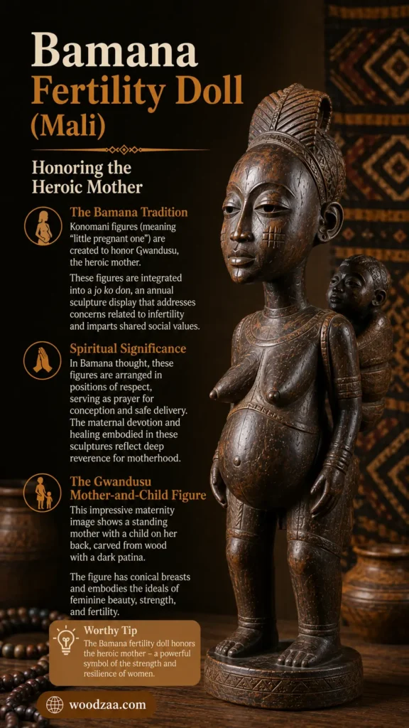 A detailed hand-carved dark wood Bamana fertility doll sculpture of a pregnant mother with a child strapped to her back and ornate facial markings. On the left, cream and gold text reads "Bamana Fertility Doll (Mali) - Honoring the Heroic Mother," with informational points detailing the Bamana tradition, spiritual significance, the Gwandusu mother-and-child figure, and a "Worthy Tip" on feminine strength, ending with woodzaa.com at the bottom. (438 characters)