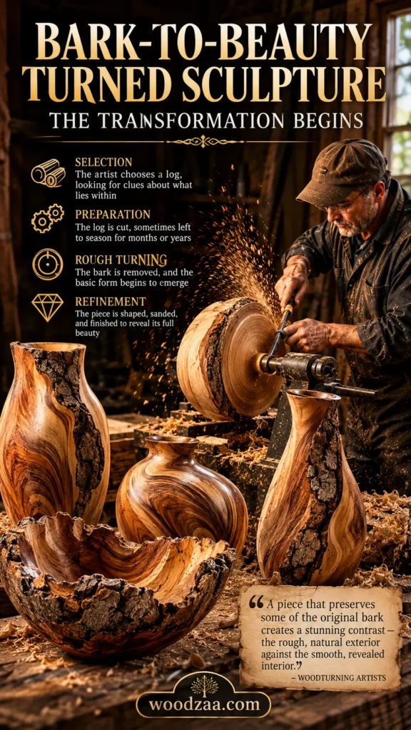 Infographic titled "Bark-to-Beauty Turned Sculpture: The Transformation Begins." On the right, a craftsman in a workshop turns a wooden piece on a lathe as sparks fly. The foreground displays smooth, finished wood-turned vases and bowls featuring rich, swirled grain patterns alongside raw tree bark edges. On the left, gold icons outline four process steps: Selection, Preparation, Rough Turning, and Refinement. A parchment quote block highlights the contrast of natural bark and smooth wood.