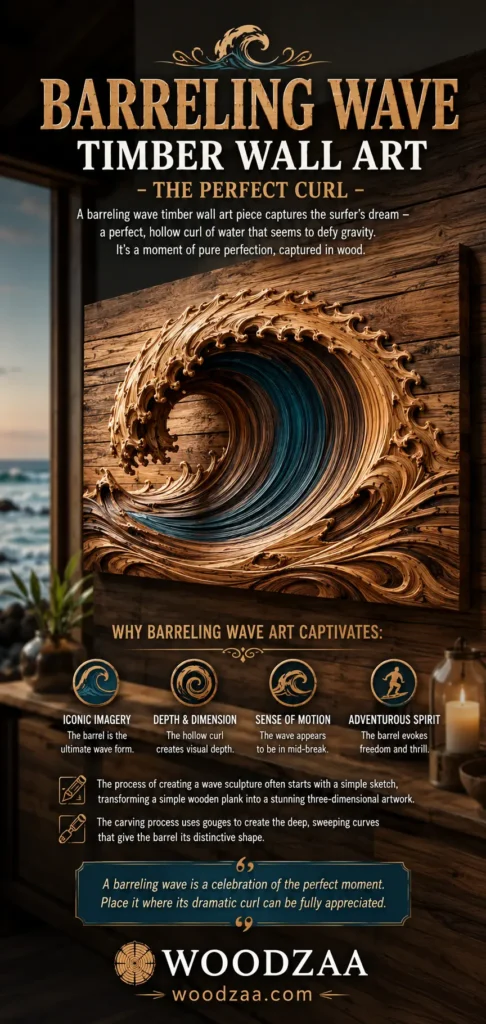 Pinterest graphic titled "BARRELING WAVE TIMBER WALL ART – THE PERFECT CURL." A large wooden wall plaque features a 3D carving of a curling ocean wave with deep blue and warm wood tones. Four icons list key features: Iconic Imagery, Depth & Dimension, Sense of Motion, and Adventurous Spirit. Text highlights the craftsmanship of transforming wood planks using gouges. The pin concludes with a quote about celebrating the perfect moment, the WOODZAA logo, and woodzaa.com.