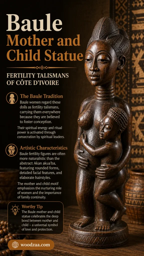 A detailed hand-carved dark wood statue depicting a Baule mother embracing her child. To the left, large cream and gold text reads "Baule Mother and Child Statue - Fertility Talismans of Côte d'Ivoire," followed by informational sections titled "The Baule Tradition," "Artistic Characteristics," and a "Worthy Tip" box explaining the cultural significance and nurturing symbol of the art piece, ending with woodzaa.com at the bottom. (428 characters)