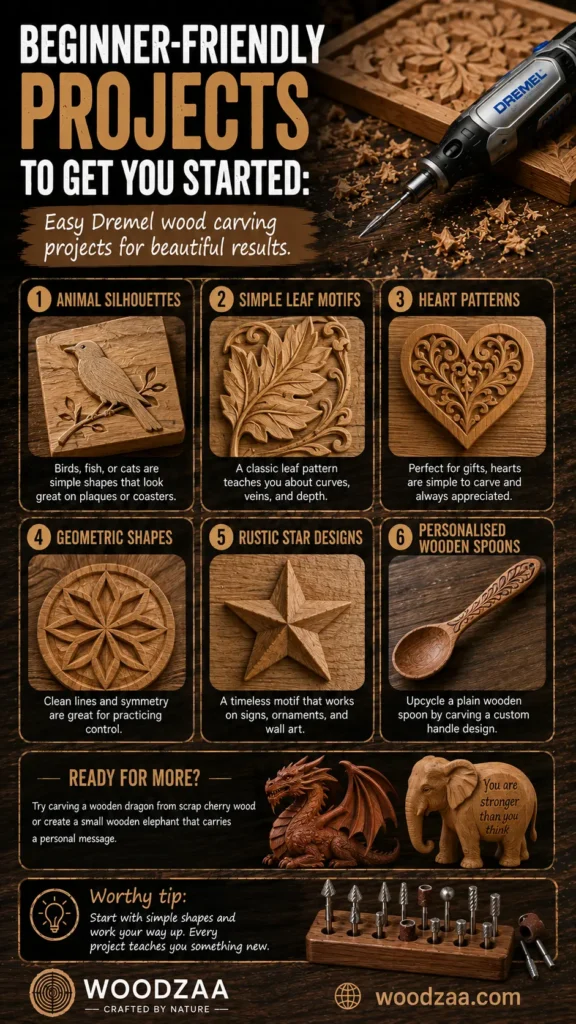 Infographic titled "Beginner-Friendly Projects to Get You Started" by Woodzaa. It showcases 6 starter wood carving ideas: Animal Silhouettes, Simple Leaf Motifs, Heart Patterns, Geometric Shapes, Rustic Star Designs, and Personalised Wooden Spoons. A "Ready For More?" section suggests tackling a dragon or elephant carving. The bottom features a tip on starting small, a block holding rotary bits, and the Woodzaa logo with the website woodzaa.com.