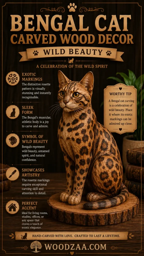 Hand-carved wooden Bengal cat sculpture with spotted rosette patterns, sitting attentively on a round wood slab. Large text at the top reads "Bengal Cat Carved Wood Decor - Wild Beauty: A Celebration of the Wild Spirit." Left-side key features highlight Exotic Markings, Sleek Form, Symbol of Wild Beauty, Showcases Artistry, and Perfect Accent. A right-side card shares a "Worthy Tip" on displaying the piece, set against a dark wooden background above the logo and "woodzaa.com".