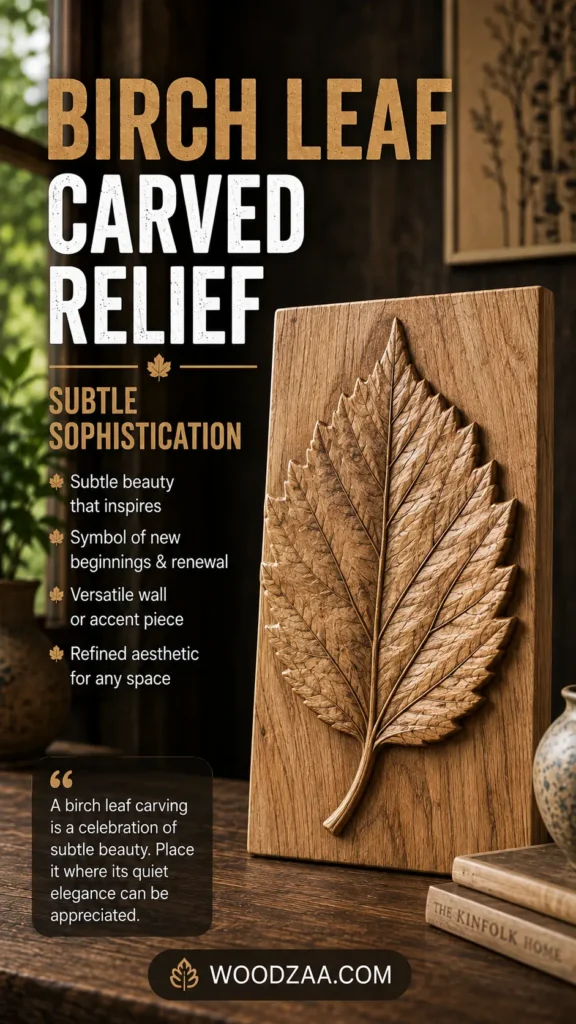 Pinterest graphic titled "BIRCH LEAF CARVED RELIEF: SUBTLE SOPHISTICATION." The image displays a vertical wooden panel with a 3D relief carving of a detailed birch leaf, set on a wooden table next to "THE KINFOLK HOME" book and a ceramic vase. Text on the left lists features like "Symbol of new beginnings & renewal" and includes a quote about its quiet elegance. The logo WOODZAA.COM appears at the bottom.