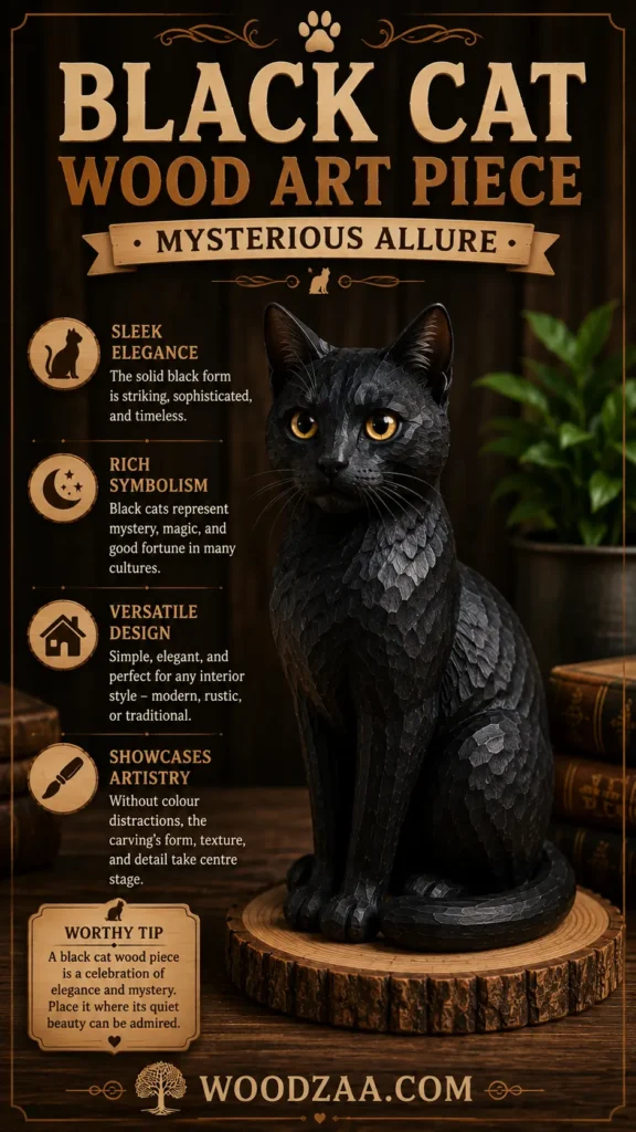Hand-carved wooden black cat sculpture with detailed fur texture and bright golden eyes, sitting upright on a circular wood slab. Prominent title text at the top reads "Black Cat Wood Art Piece - Mysterious Allure." Left-side key feature callouts highlight Sleek Elegance, Rich Symbolism, Versatile Design, and Showcases Artistry. A lower card shares a "Worthy Tip" on displaying the sculpture, set against a dark wooden backdrop with books and a houseplant above the website "woodzaa.com".
