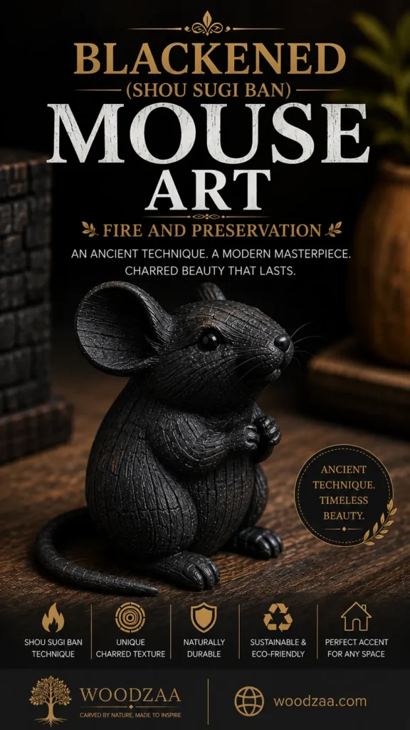 A finely detailed, dark wood mouse figurine sitting upright on a rustic wooden surface, featuring a charred, textured finish created with the Japanese Shou Sugi Ban technique. Bold gold and white text above reads "BLACKENED (SHOU SUGI BAN) MOUSE ART - FIRE AND PRESERVATION" alongside phrases emphasizing charred beauty and ancient craftsmanship. Icons at the bottom highlight features like natural durability and eco-friendly design, with the Woodzaa logo and website woodzaa.com.