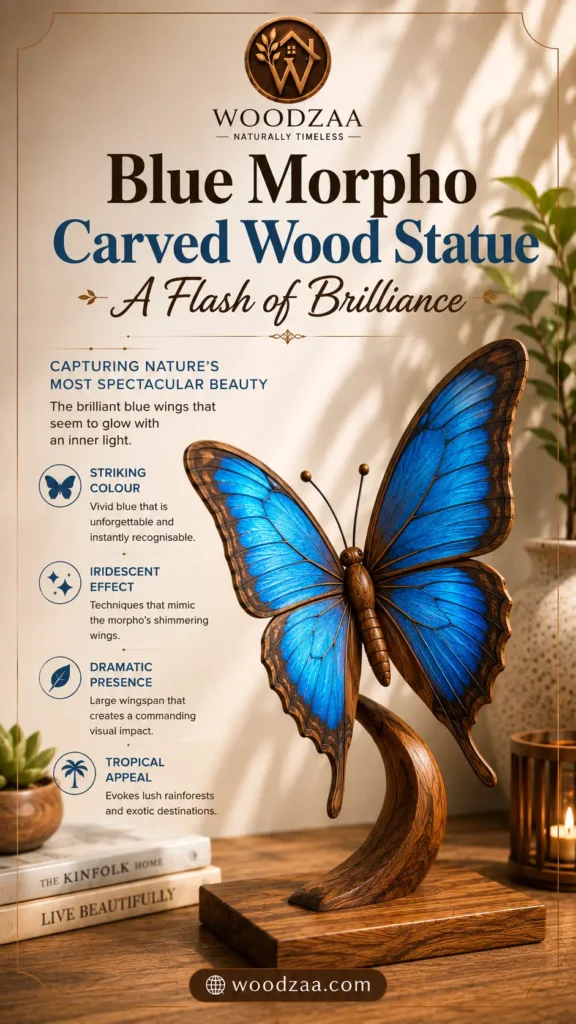 Handcrafted Blue Morpho carved wood statue featuring vivid electric blue wings with dark brown borders mounted on a curved wooden base. Graphic text on top reads "WOODZAA - NATURALLY TIMELESS", title "Blue Morpho Carved Wood Statue - A Flash of Brilliance", and "CAPTURING NATURE'S MOST SPECTACULAR BEAUTY." Feature highlights listed on the left include: Striking Colour, Iridescent Effect, Dramatic Presence, and Tropical Appeal. A bottom web badge displays "woodzaa.com" in a warm home decor setting.