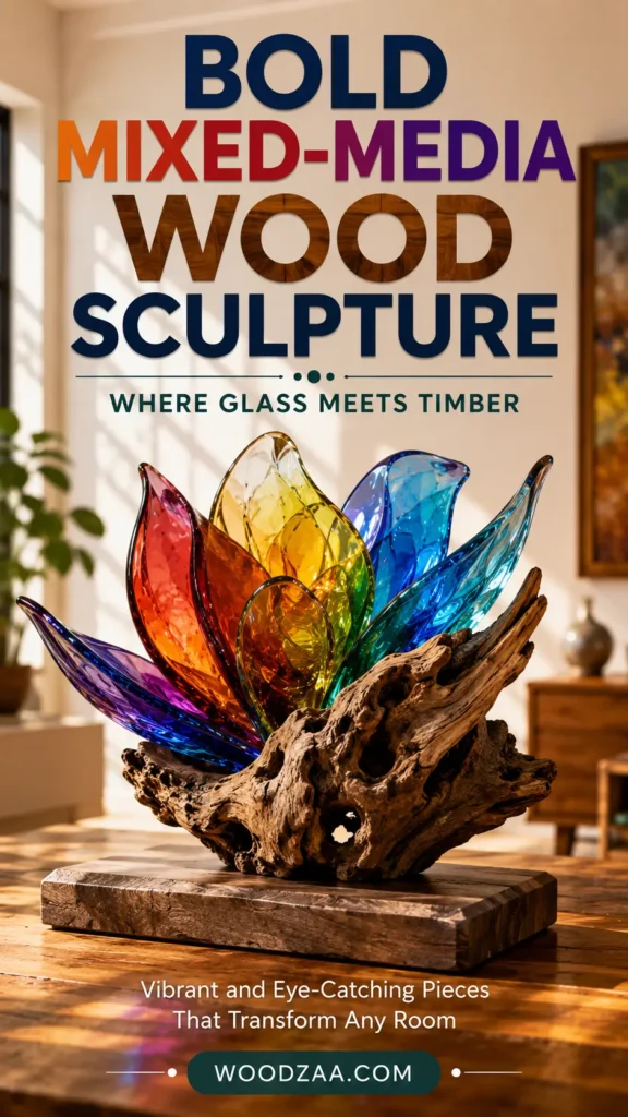 Vertical Pinterest image with text reading "BOLD MIXED-MEDIA WOOD SCULPTURE" and "WHERE GLASS MEETS TIMBER." The artwork features a lotus-shaped centerpiece with vibrant, translucent glass petals unfolding in rainbow colors—purple, red, orange, yellow, and blue. The glass is embedded inside a rugged piece of natural driftwood mounted on a flat wooden base. The subtitle below reads "Vibrant and Eye-Catching Pieces That Transform Any Room" with "WOODZAA.COM" at the bottom.