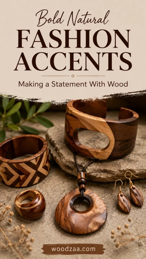 A vertical promotional image titled "Bold Natural Fashion Accents - Making a Statement With Wood." Handcrafted wooden jewelry rests on stone and rustic surfaces, including a wide geometric patterned cuff bracelet, a dark wood bangle with an oval cutout, a smooth teardrop wooden ring, a circular doughnut pendant necklace, and matching wood drop earrings. Small green leaves and dried flora frame the layout, with woodzaa.com displayed at the bottom.