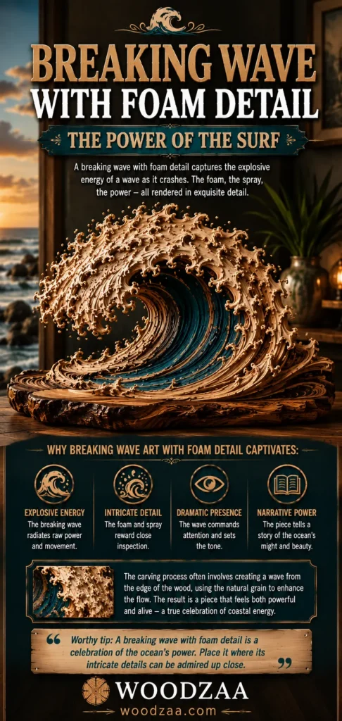 Pinterest graphic titled "BREAKING WAVE WITH FOAM DETAIL – THE POWER OF THE SURF." Features a highly detailed wooden sculpture of a breaking crest wave with intricate carved foam droplets and dark teal interior wave lines on a slab base. Four circular icons outline features: Explosive Energy, Intricate Detail, Dramatic Presence, and Narrative Power. Text explains how natural wood grain enhances the carving. Ends with a display tip, the WOODZAA logo, and woodzaa.com.