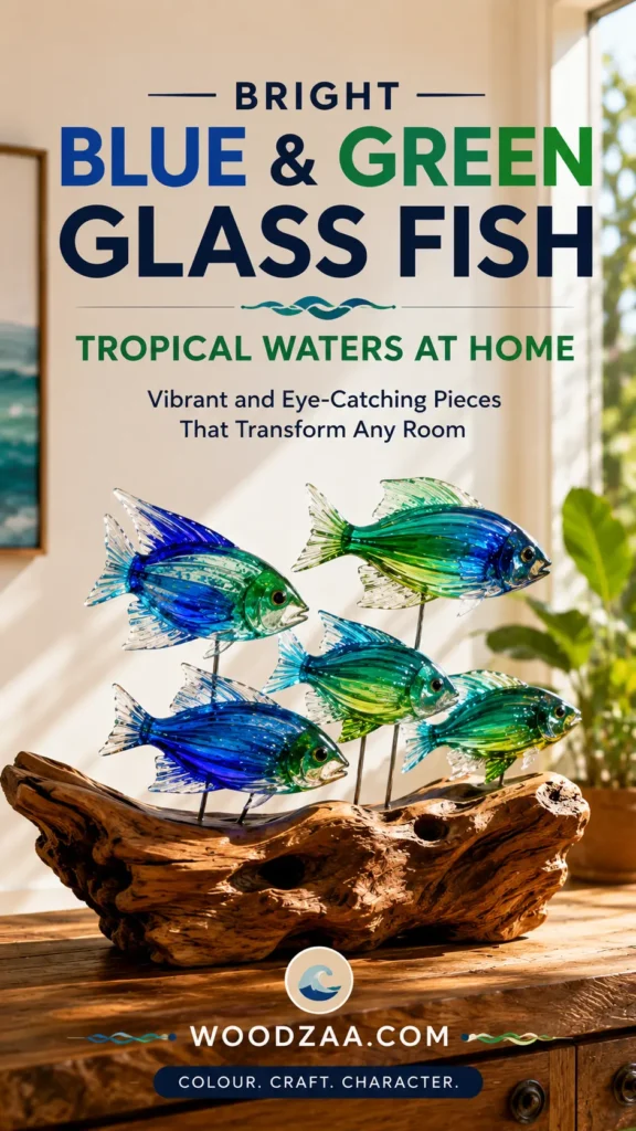 Vertical Pinterest graphic featuring bold header text reading "BRIGHT BLUE & GREEN GLASS FISH" with "TROPICAL WATERS AT HOME" and "Vibrant and Eye-Catching Pieces That Transform Any Room." The image showcases five detailed hand-blown glass fish in shades of electric blue, teal, and lime green mounted on thin metal rods attached to a weathered piece of natural driftwood. A circular wave logo at the bottom reads "WOODZAA.COM" above the slogan "COLOUR. CRAFT. CHARACTER."