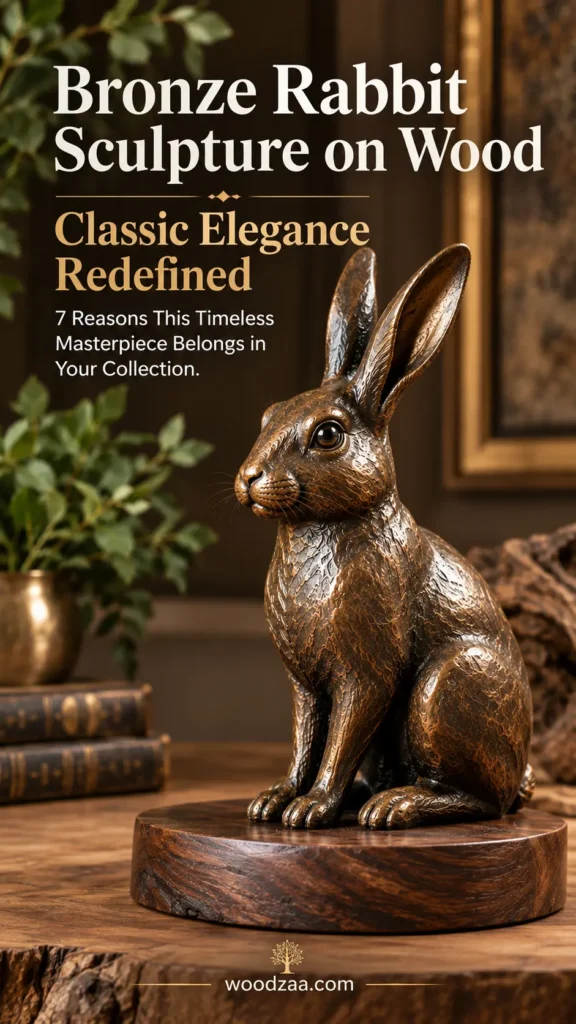 Detailed bronze rabbit sculpture mounted on a polished round wooden base, featuring textured fur detailing and long upright ears. The sculpture sits on a wooden tabletop alongside vintage leather-bound books and a potted green plant in a brass bowl. Overlay text reads "Bronze Rabbit Sculpture on Wood," "Classic Elegance Redefined," and "7 Reasons This Timeless Masterpiece Belongs in Your Collection," with the website "woodzaa.com" and a tree logo at the bottom.