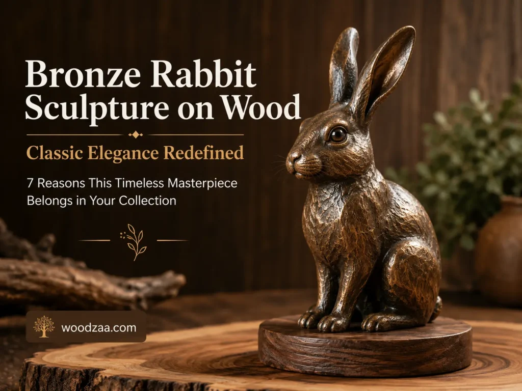 Intricately detailed bronze rabbit sculpture with textured fur, sitting upright on a dark circular wooden display stand placed on a rustic wood slice table. On the left side, white and gold text reads "Bronze Rabbit Sculpture on Wood," "Classic Elegance Redefined," and "7 Reasons This Timeless Masterpiece Belongs in Your Collection." A dark tab at the bottom left displays a tree icon next to "woodzaa.com." The rustic dark wooden background features soft greenery and warm ambient lighting.