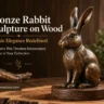 Intricately detailed bronze rabbit sculpture with textured fur, sitting upright on a dark circular wooden display stand placed on a rustic wood slice table. On the left side, white and gold text reads "Bronze Rabbit Sculpture on Wood," "Classic Elegance Redefined," and "7 Reasons This Timeless Masterpiece Belongs in Your Collection." A dark tab at the bottom left displays a tree icon next to "woodzaa.com." The rustic dark wooden background features soft greenery and warm ambient lighting.