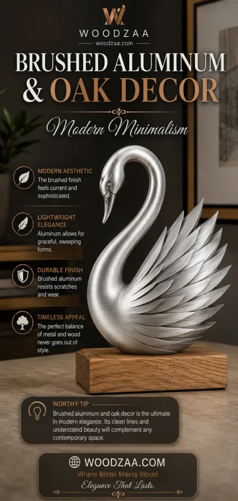 A silver brushed aluminum swan sculpture with detailed feathered wings sits on a rectangular oak wood base. Header text reads "Brushed Aluminum & Oak Decor - Modern Minimalism" beneath the Woodzaa logo. Four featured highlights on the left with icons cover: Modern Aesthetic, Lightweight Elegance, Durable Finish, and Timeless Appeal. A "Worthy Tip" box at the bottom offers advice on modern elegance, above the website woodzaa.com and slogan "Where Metal Meets Wood. Elegance That Lasts."