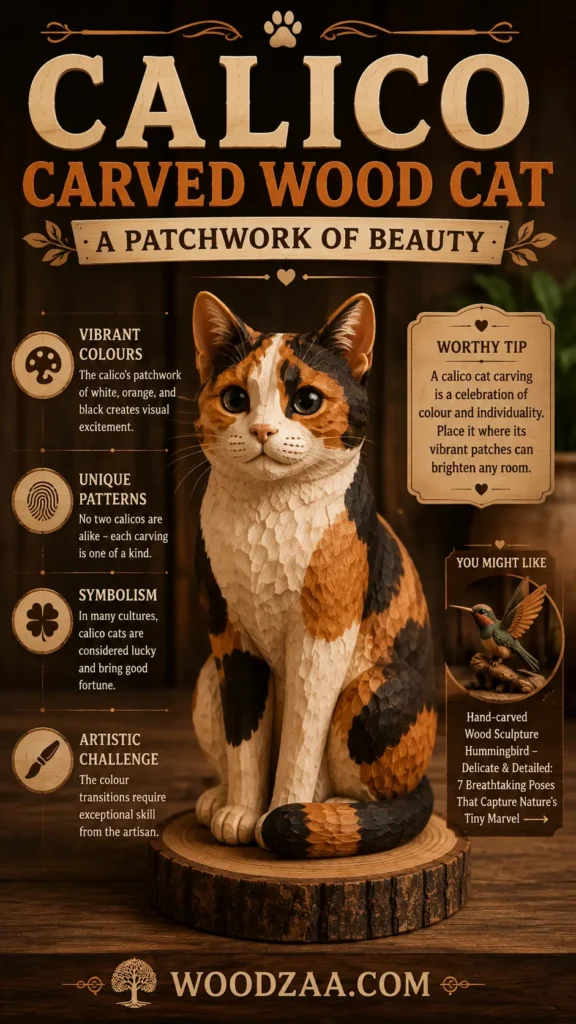 Hand-carved calico cat wood sculpture with white, orange, and black textured details sitting on a circular wood slab against a dark wooden background. Large text reads "Calico Carved Wood Cat - A Patchwork of Beauty." Side text highlights key features: Vibrant Colours, Unique Patterns, Symbolism, and Artistic Challenge. A side card features a "Worthy Tip" on calico carvings, and a small inset image on the right advertises a wooden hummingbird sculpture. Bottom includes the logo and "woodzaa.com".