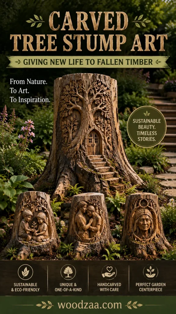A Pinterest graphic titled "Carved Tree Stump Art: Giving New Life to Fallen Timber." The main image shows a large tree stump intricately carved into a fairy-style house with tiny wooden doors, stone steps, and detailed tree branches above it. Below, three smaller carved stumps depict two children planting a sprout, a couple embracing, and a detailed Native American portrait. Features text badges "Sustainable Beauty. Timeless Stories." and "woodzaa.com" at the bottom.