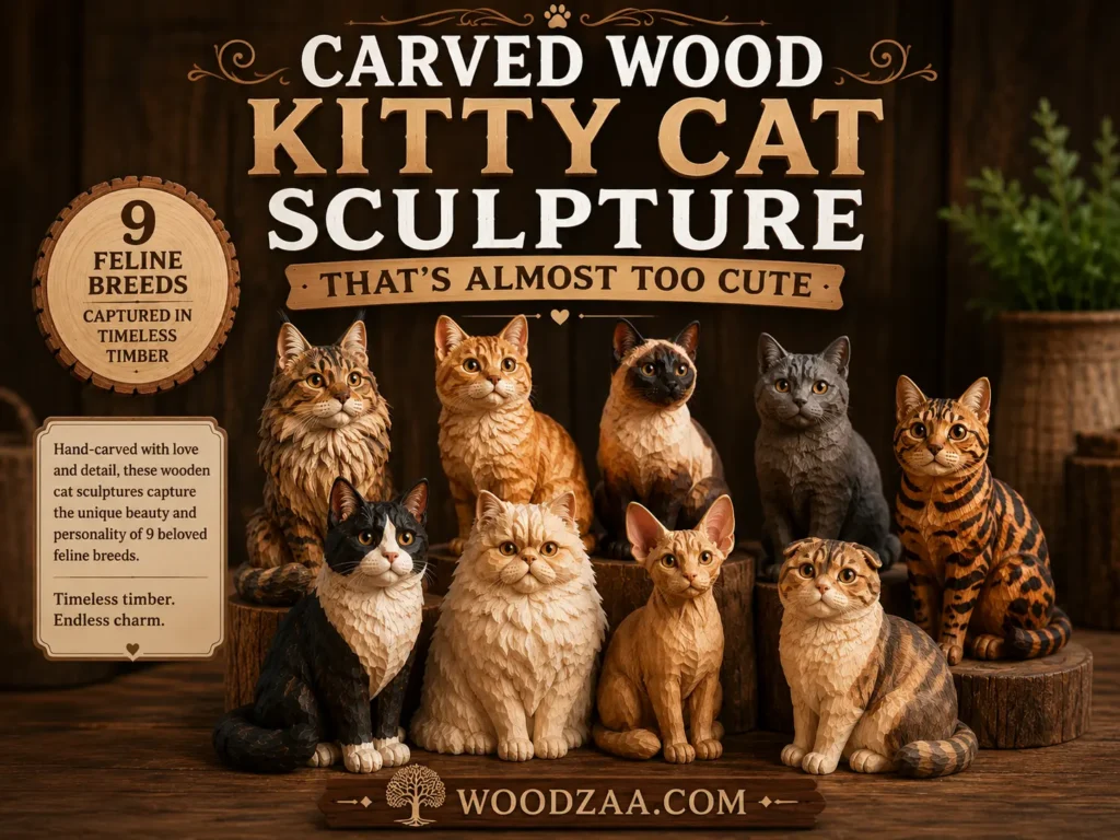 Nine detailed wooden cat sculptures of various feline breeds, including a Siamese, Maine Coon, and tabby, displayed on rustic wood blocks. Bold text at the top reads "Carved Wood Kitty Cat Sculpture That's Almost Too Cute." A badge on the left notes "9 Feline Breeds Captured in Timeless Timber," with additional text highlighting hand-carved detail and beauty. The domain "Woodzaa.com" is shown at the bottom against a warm, dark wooden backdrop with rustic wooden decor and plants.