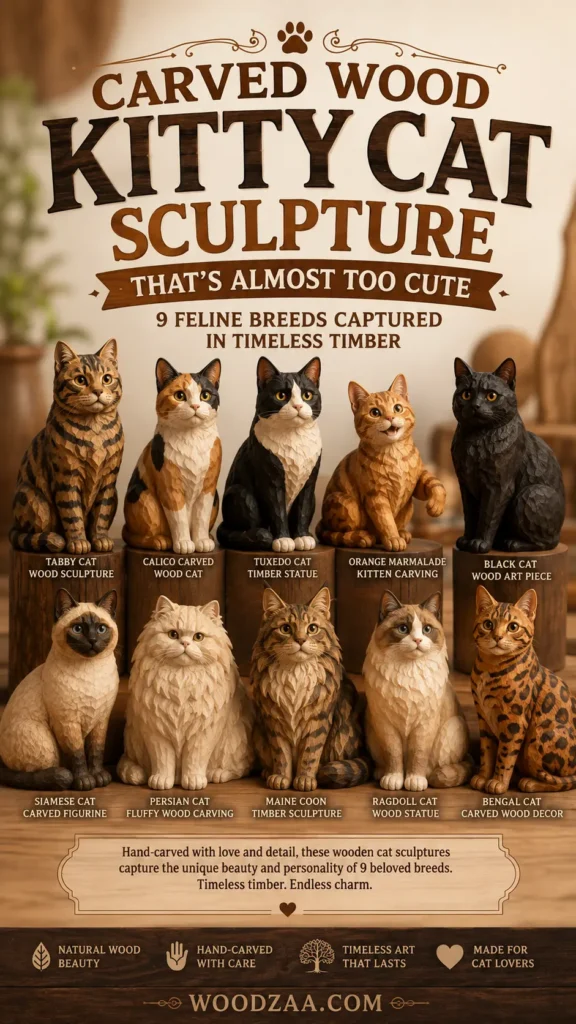 A vertical display showcasing ten detailed wooden cat sculptures arranged in two rows on rustic log bases. Bold text at the top reads "Carved Wood Kitty Cat Sculpture - That's Almost Too Cute: 9 Feline Breeds Captured in Timeless Timber." The carved breeds include Tabby, Calico, Tuxedo, Orange Marmalade, Black, Siamese, Persian, Maine Coon, Ragdoll, and Bengal, each labeled below. A lower text box describes the handcrafted details, above icons and the website "woodzaa.com".