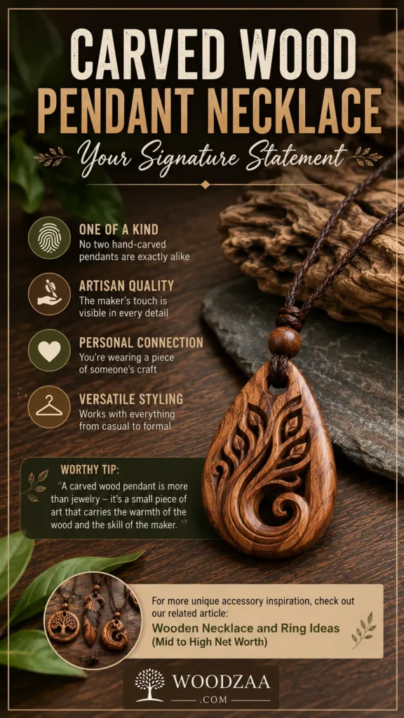 Vertical infographic titled "Carved Wood Pendant Necklace - Your Signature Statement" featuring an teardrop-shaped wooden pendant with intricate leaf carvings attached to a braided cord. On the left, feature highlights include One of a Kind, Artisan Quality, Personal Connection, and Versatile Styling, along with a tip box about wearing small pieces of art. The bottom features a preview circle of other pendants and the Woodzaa.com logo on a dark wood background.