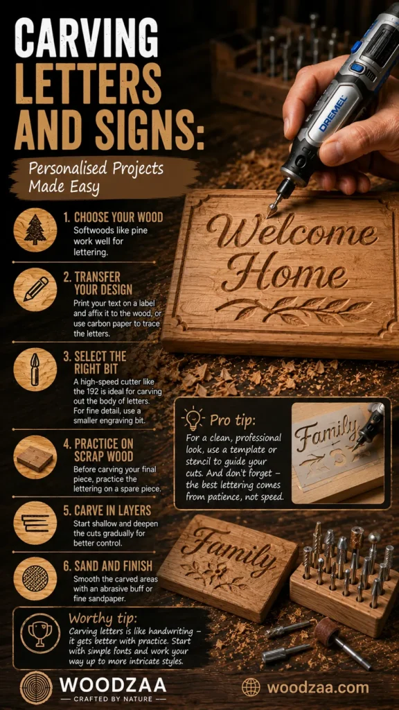 Infographic titled "Carving Letters and Signs: Personalised Projects Made Easy" by Woodzaa. It outlines a 6-step guide: Choose Your Wood, Transfer Your Design, Select the Right Bit, Practice on Scrap Wood, Carve in Layers, and Sand and Finish. Photos show a hand using a Dremel tool to carve "Welcome Home" into a wood sign, a stencil for "Family," finished wooden signs, a bit organizer block, and tips for clean lettering. Includes the Woodzaa logo and woodzaa.com website address.