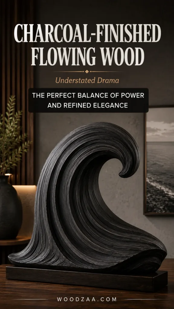 A charcoal-finished flowing wood wave sculpture set on a dark plinth atop a wooden table. Text overlay reads: "CHARCOAL-FINISHED FLOWING WOOD", "Understated Drama", and a dark badge stating "THE PERFECT BALANCE OF POWER AND REFINED ELEGANCE". In the background, a dark vase with green foliage sits near wood slatted wall paneling, beside a framed seascape photograph. The website "WOODZAA.COM" is displayed along the bottom.