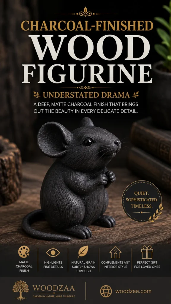 A carved wooden mouse figurine with a deep, matte charcoal finish sits upright on a dark wooden table. Large text at the top reads "CHARCOAL-FINISHED WOOD FIGURINE - UNDERSTATED DRAMA" with a tagline highlighting its matte charcoal texture and detailed craft. A gold seal reads "QUIET. SOPHISTICATED. TIMELESS." Icons at the bottom highlight features like natural grain visibility and versatility as a gift, alongside the Woodzaa logo and website woodzaa.com.