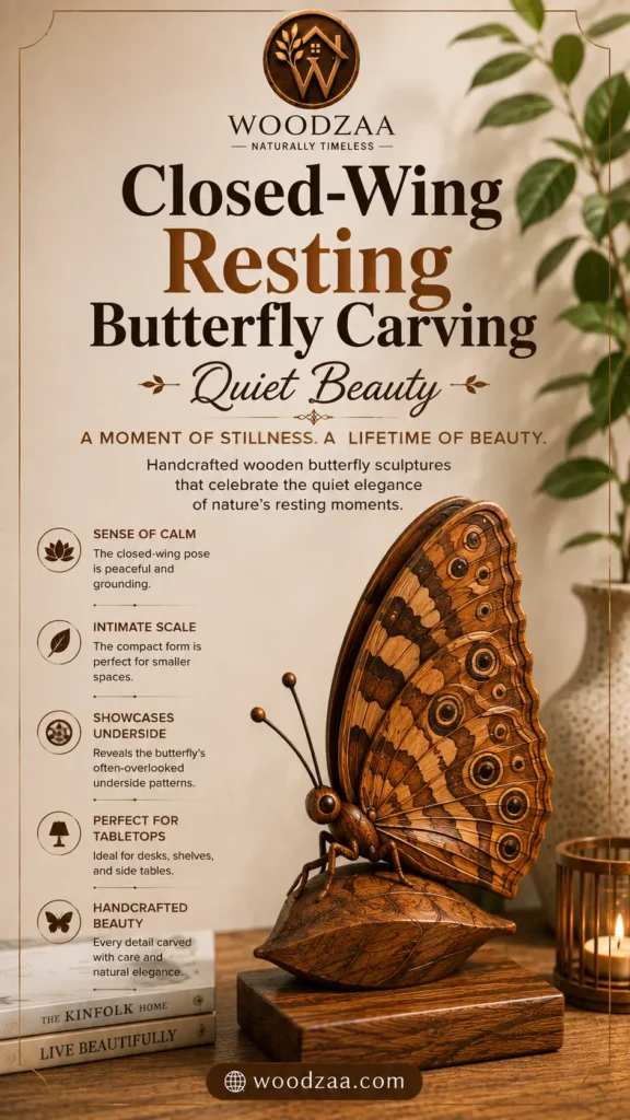 A wooden butterfly carving with closed, patterned wings resting on a leaf base atop a display pedestal. Header text reads "WOODZAA - NATURALLY TIMELESS", title "Closed-Wing Resting Butterfly Carving - Quiet Beauty", and subtext "A MOMENT OF STILLNESS. A LIFETIME OF BEAUTY." Key features listed on the left include: Sense of Calm, Intimate Scale, Showcases Underside, Perfect for Tabletops, and Handcrafted Beauty. A bottom website badge shows "woodzaa.com" within a warm interior decor setting.