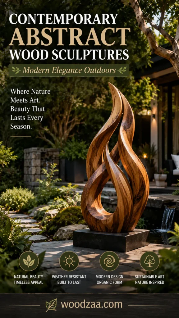 A Pinterest graphic titled "Contemporary Abstract Wood Sculptures: Modern Elegance Outdoors" with the phrase "Where Nature Meets Art. Beauty That Lasts Every Season." A flame-like wooden sculpture sits on a square dark base beside a stone garden pathway and small waterfall. Four circular icons at the bottom highlight features like natural beauty, weather resistance, modern design, and sustainable art, above the website domain "woodzaa.com".
