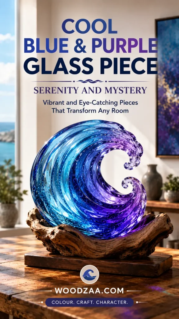 Vertical Pinterest graphic featuring bold header text reading "COOL BLUE & PURPLE GLASS PIECE" with "SERENITY AND MYSTERY" and "Vibrant and Eye-Catching Pieces That Transform Any Room." The image showcases a large, translucent ocean-wave glass sculpture with swirling shades of cyan, deep blue, and violet. The wave is cradled within a piece of natural rustic driftwood set on a dark wooden base. A circular wave logo at the bottom reads "WOODZAA.COM" above the slogan "COLOUR. CRAFT. CHARACTER."