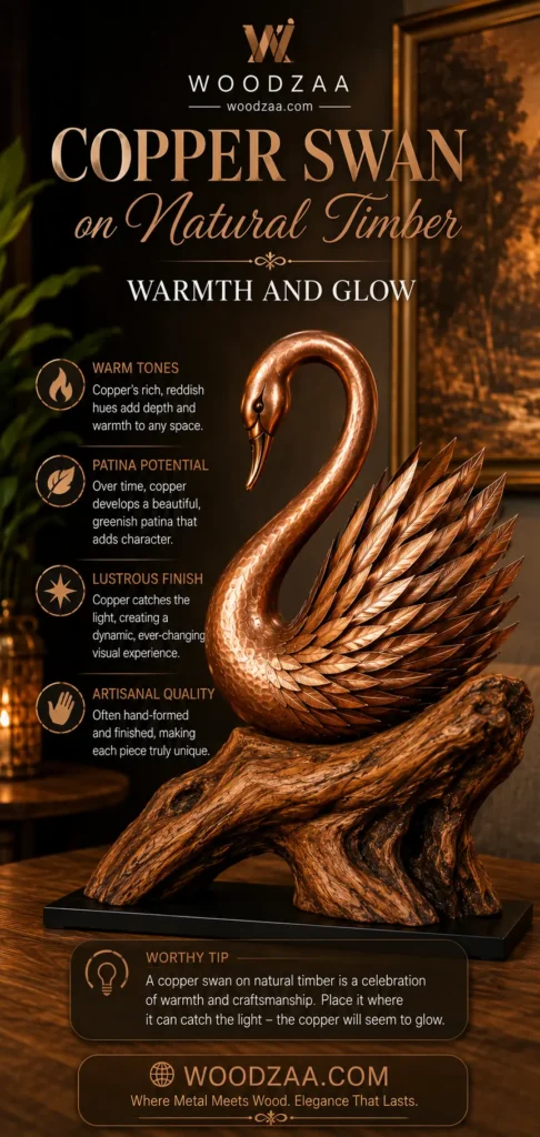 Polished copper swan sculpture with detailed metallic feathers perched on a natural rustic timber base. Promotional text at top reads "Copper Swan on Natural Timber - Warmth and Glow" with Woodzaa logo. On the left are four feature highlights with icons: Warm Tones, Patina Potential, Lustrous Finish, and Artisanal Quality. At the bottom, a box titled "Worthy Tip" offers styling advice, followed by the website woodzaa.com and tag line "Where Metal Meets Wood. Elegance That Lasts."