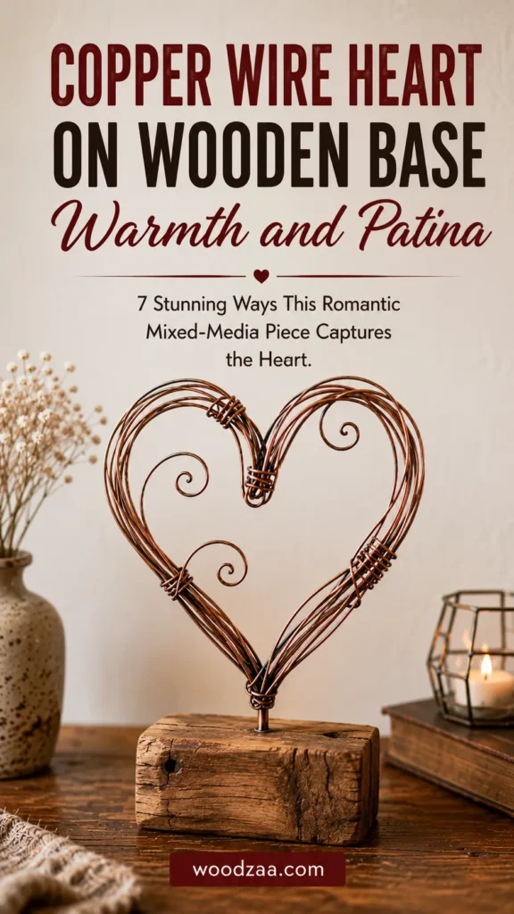 A freestanding heart sculpture crafted from wrapped copper wire with internal spiral details, mounted on a block of rustic wood. Set on a wooden table beside a small speckled ceramic vase with white dried flowers and a lit candle in a geometric glass holder. Top text overlay reads: "COPPER WIRE HEART ON WOODEN BASE - Warmth and Patina. 7 Stunning Ways This Romantic Mixed-Media Piece Captures the Heart." Bottom button reads "woodzaa.com". Ideal for rustic and romantic home decor inspiration.