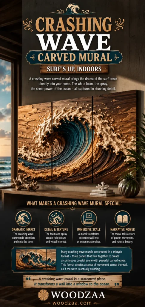 Pinterest graphic titled "CRASHING WAVE CARVED MURAL – SURF'S UP, INDOORS." A three-panel triptych wall mural features an intricately carved ocean wave with deep teal water and textured wooden foam. Four icons highlight its features: Dramatic Impact, Detail & Texture, Immersive Scale, and Narrative Power. Text below explains how the triptych format creates a continuous coastal scene. The graphic ends with a quote about statement pieces, the WOODZAA logo, and woodzaa.com.