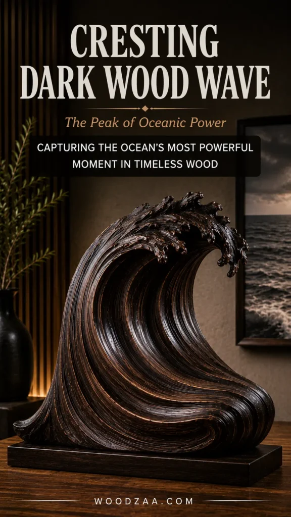 A detailed dark wood sculpture of a cresting wave with textured foam details on a rectangular wooden base. Text overlay at the top reads: "CRESTING DARK WOOD WAVE", "The Peak of Oceanic Power", and a dark badge saying "CAPTURING THE OCEAN'S MOST POWERFUL MOMENT IN TIMELESS WOOD". In the warm-lit background, a black vase with greenery stands near slatted wall panels next to a framed ocean wave photograph. The website "WOODZAA.COM" is printed at the bottom.