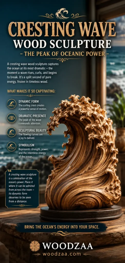 Pinterest graphic titled "CRESTING WAVE WOOD SCULPTURE – THE PEAK OF OCEANIC POWER." Features a standing, intricately carved wooden wave sculpture with natural wood grain and detailed foam textures, mounted on a dark wooden base. On the left, four icons list key highlights: Dynamic Form, Dramatic Presence, Sculptural Beauty, and Symbolism. A quote box offers placement tips. The bottom section reads "BRING THE OCEAN'S ENERGY INTO YOUR SPACE," ending with the WOODZAA logo and woodzaa.com.