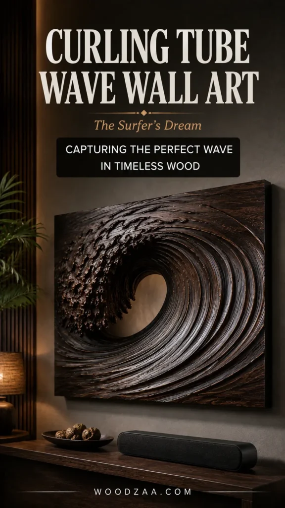 A dark wood 3D wall art carving depicting a curling tube ocean wave mounted on a wall. Overlay text reads: "CURLING TUBE WAVE WALL ART", "The Surfer’s Dream", and a dark badge reading "CAPTURING THE PERFECT WAVE IN TIMELESS WOOD". Below the art piece, a wooden console table holds a black soundbar, decorative bowl, and a lamp alongside slatted wood wall paneling and a leafy plant. The website "WOODZAA.COM" appears along the bottom.