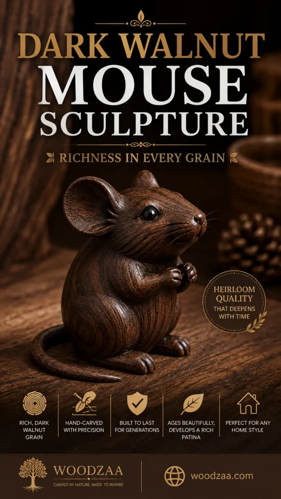 A hand-carved dark walnut mouse sculpture with detailed wood grain sitting upright on a warm wooden surface. Prominent bold text above reads "DARK WALNUT MOUSE SCULPTURE - RICHNESS IN EVERY GRAIN." A circular gold badge states "HEIRLOOM QUALITY THAT DEEPENS WITH TIME." Five icons across the bottom feature attributes like "Hand-carved with precision" and "Ages beautifully," above the Woodzaa brand logo, tagline "Carved by nature, made to inspire," and website woodzaa.com.