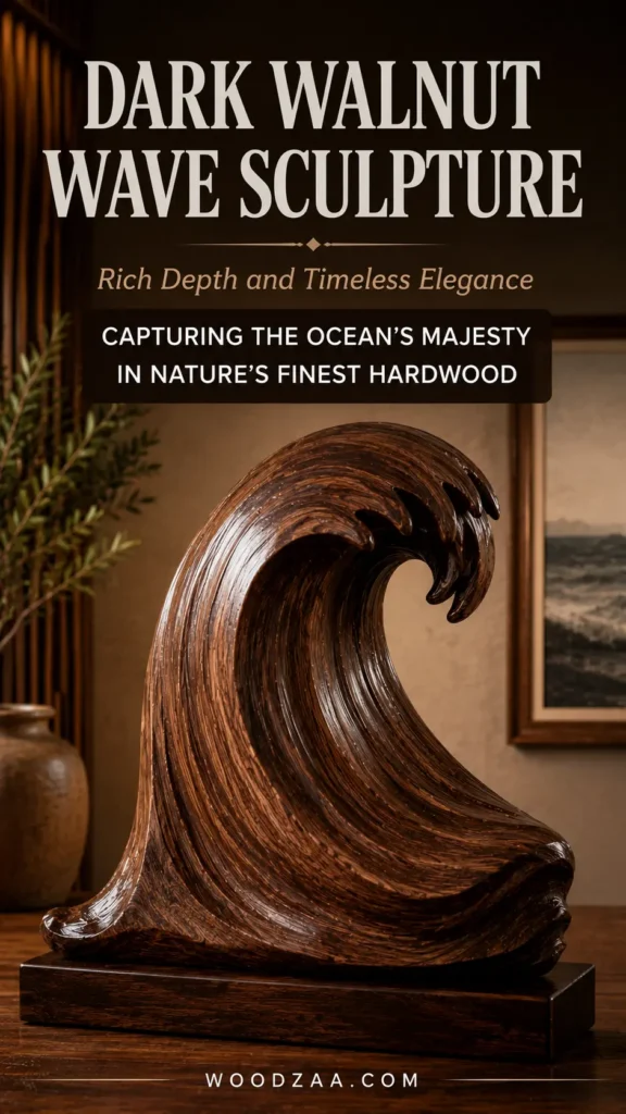 A dark walnut carved wave sculpture showcasing visible wood grain rests on a dark rectangular base atop a wooden table. Text overlay reads: "DARK WALNUT WAVE SCULPTURE", "Rich Depth and Timeless Elegance", and a dark badge saying "CAPTURING THE OCEAN'S MAJESTY IN NATURE'S FINEST HARDWOOD". In the warm background, an earthen vase with olive branches sits near wooden slat panels beside a framed ocean seascape picture. The website "WOODZAA.COM" is printed along the bottom edge.