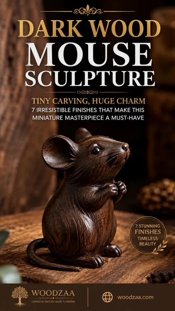 A detailed dark wood mouse sculpture with visible wood grain sits upright on a rustic surface. Bold text at the top reads "DARK WOOD MOUSE SCULPTURE - TINY CARVING, HUGE CHARM" above "7 Irresistible Finishes That Make This Miniature Masterpiece a Must-Have." A small circular emblem reads "7 STUNNING FINISHES TIMELESS BEAUTY." The bottom banner displays the Woodzaa logo, the tagline "Carved by nature, made to inspire," and the website URL woodzaa.com.