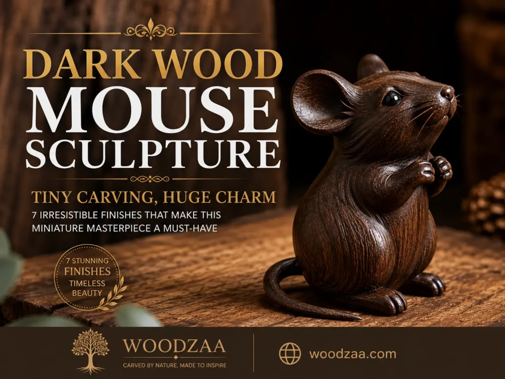 A hand-carved dark wood mouse figurine sitting upright on a rustic wooden table, facing right with paws tucked. Large text on the left reads "DARK WOOD MOUSE SCULPTURE - TINY CARVING, HUGE CHARM" and "7 Irresistible Finishes That Make This Miniature Masterpiece a Must-Have." A gold circular badge states "7 STUNNING FINISHES TIMELESS BEAUTY." The bottom banner features the Woodzaa logo, tagline "Carved by nature, made to inspire," and website woodzaa.com.