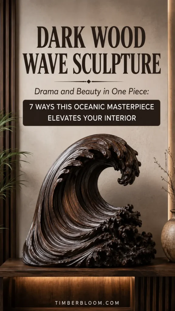 A dark wood wave sculpture featuring a cresting wave with textured, frothy water details at the base, resting on an illuminated wooden shelf. Text overlay at the top reads: "DARK WOOD WAVE SCULPTURE", "Drama and Beauty in One Piece:", and a dark badge stating "7 WAYS THIS OCEANIC MASTERPIECE ELEVATES YOUR INTERIOR". Warmly lit modern decor surrounds the piece, including dark vertical wall slats, green leaves, and a ceramic vase. The website "TIMBERBLOOM.COM" is printed at the bottom.