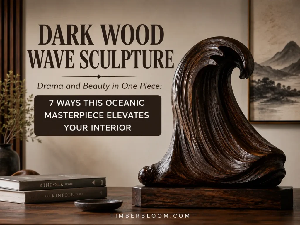 A dark wood carved wave sculpture resting on a wooden base atop a table alongside Kinfolk books. Overlay text reads: "DARK WOOD WAVE SCULPTURE", "Drama and Beauty in One Piece:", and a dark badge stating "7 WAYS THIS OCEANIC MASTERPIECE ELEVATES YOUR INTERIOR". In the background, a minimalist framed landscape painting and small potted plant adorn a cozy room set. The website "TIMBERBLOOM.COM" is displayed at the bottom.