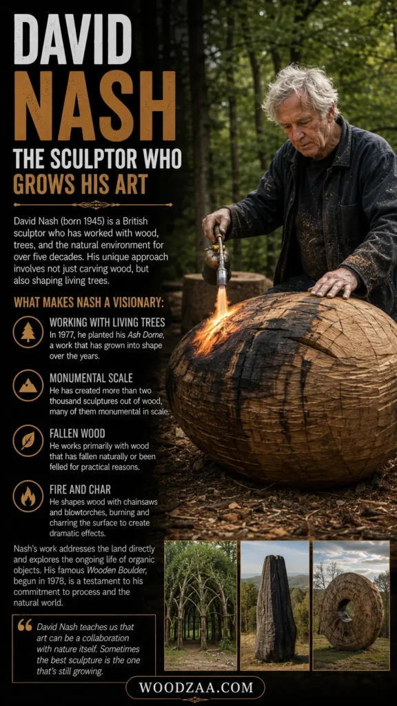 Pinterest graphic titled "David Nash: The Sculptor Who Grows His Art." The left side presents a profile of the British artist (born 1945) alongside four icon-highlighted points detailing his work with living trees, fallen wood, and fire-charring techniques. On the right, Nash uses a blowtorch to char a large wooden sphere outdoors. Three smaller photos at the bottom showcase outdoor installations, positioned above a quote box and a banner for "WOODZAA.COM".